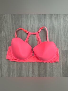 Torrid 46C Bright Coral Lace Racerback Push Up Bra Underwire Front Clasp